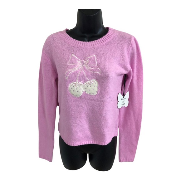Pink‎ & embroidered white bow white strawberry textured crewneck sweater size XL - Picture 1 of 11